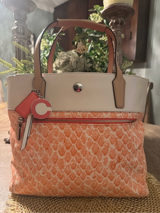Coach Handbags - Coach GOOD as NEW Snake Patterned Tote Bag with Cream Trim with Triple Hangtag